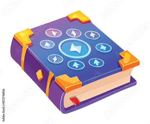 Illustration of a magical grimoire book with blue floating symbols for fantasy alchemy and spell casting