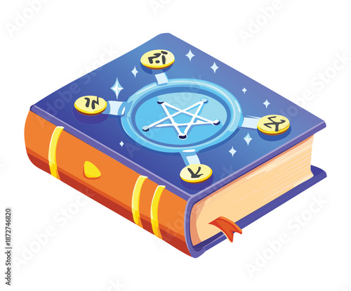 Illustration of an orange sorcery grimoire with glowing elemental magic for fantasy RPG game item