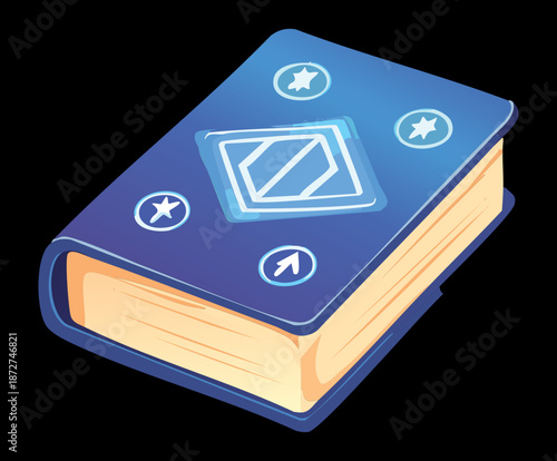 Illustration of a blue magical spell book with mystical runes for fantasy wizardry and enchantment studies