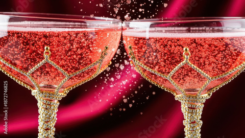 Wallpaper Mural Elegant diamond-encrusted champagne glasses clinking romantic with bubbly pink drink and floating hearts for Valentine’s Day celebration Torontodigital.ca
