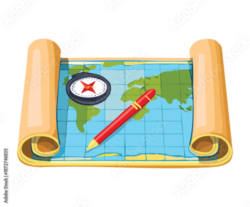 Illustration of a detailed world map with a red pencil for strategic fantasy quest and travel planning