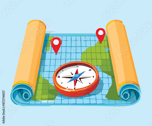 Illustration of a navigation map with a compass for planning epic fantasy journeys and exploration quests