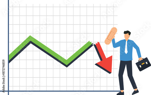 Financial crisis market crash business failure economic downturn graph decline fixing problems businessman holding bandage damage control recovery strategy investment risk