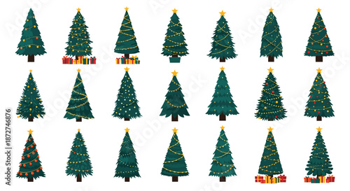 A large and diverse collection of beautifully decorated Christmas trees with lights, ornaments, and gifts in a festive cartoon style.