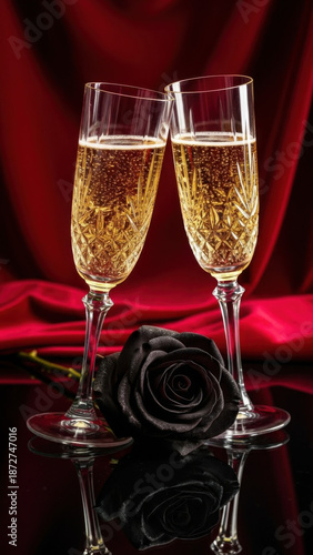 Wallpaper Mural Crystal champagne flutes clinking romantic with golden bubbly wine and elegant black rose on reflective surface for Valentine’s Day celebration Torontodigital.ca