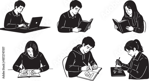 People studying and working with laptops and books together