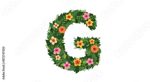 A vibrant and cheerful capital letter G made from lush green leaves and a variety of colorful tropical flowers like hibiscus.