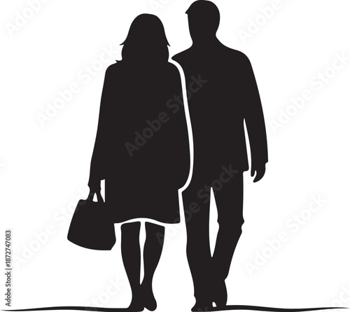 Couple walking together in silhouette on white background slowly