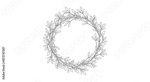 A delicate and rustic circular wreath hand-drawn with sketchy, detailed leaves and branches in a black and white line art style.