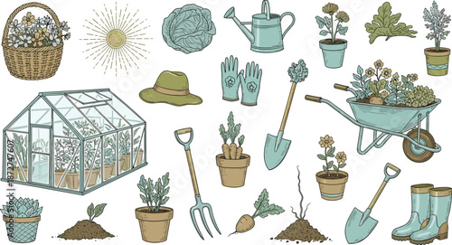Vintage, gardening, tools, plants, greenhouse, illustration, set, hand, drawn, botanical, elements, garden, equipment, spring, nature, collection, rustic, style, detailed, artwork