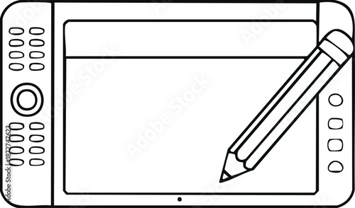 Thin outline icon of a graphics tablet with stylus pen, digital drawing device 