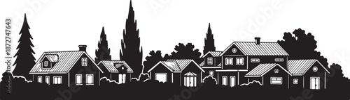 Black and white illustration of houses with trees landscape