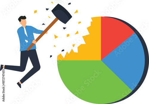 Businessman smashing pie chart data analysis business strategy market disruption financial performance corporate change overcoming obstacle breaking barrier management decision risk assessment