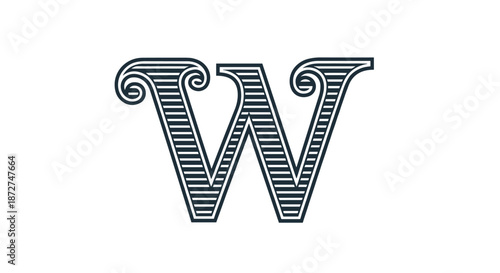 Ornate capital letter W with an engraved vintage style, featuring classic swirls and parallel line shading for a luxury logo.