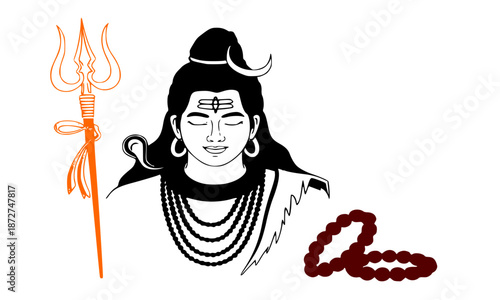 Lord Shiva Vector Illustration with Orange Trishul and Rudraksha Mala, Hindu God Mahadev Portrait, Spiritual Yoga Meditation Art, Religious Indian Deity Graphic, Divine Mahakal Line Art Design