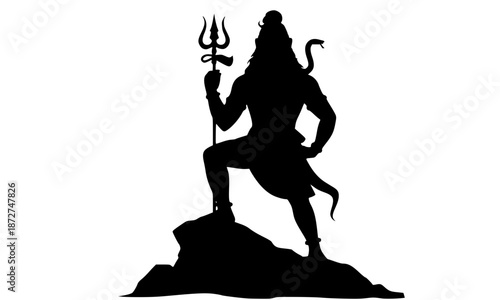 Lord Shiva Silhouette Vector Art, Hindu God Mahadev Standing on Rock with Trishul and Snake, Spiritual Yoga Meditation Graphic, Religious Indian Deity Illustration, Minimalist Divine Power Design