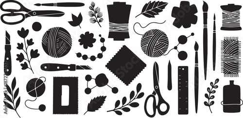 Black and white illustration of sewing and crafting tools