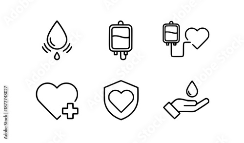 Blood donation and life saving transfusion line icon set vector illustration