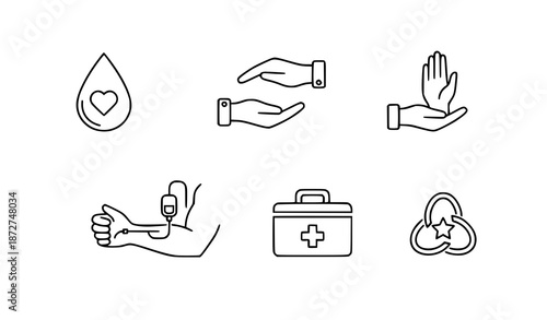 Blood donation charity and volunteer line icon set vector illustration for awareness design