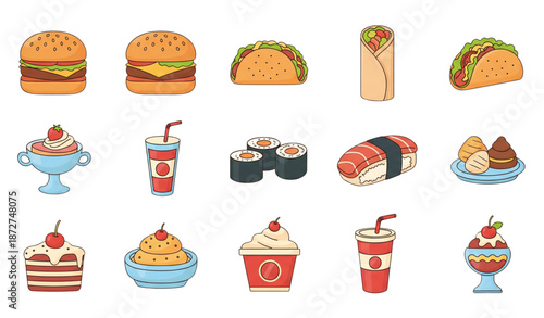 Cute fast food and fresh meal emoji icons flat vector cartoon set isolated on transparent background