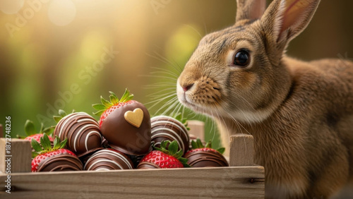 Wallpaper Mural Adorable brown rabbit curiously nibbling chocolate-covered strawberries against golden sunset background Torontodigital.ca