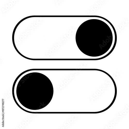 Minimalist black and white vector icons of on and off toggle switches isolated on a white background.