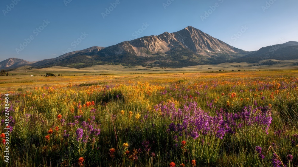 Fototapeta premium Majestic Landscape of Colorful Wildflowers Stretching Across a Scenic Field Under a Clear Blue Sky