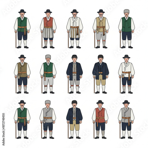 Finnish Traditional Male Clothing Icon Set, Nordic Folk Costume Illustration
