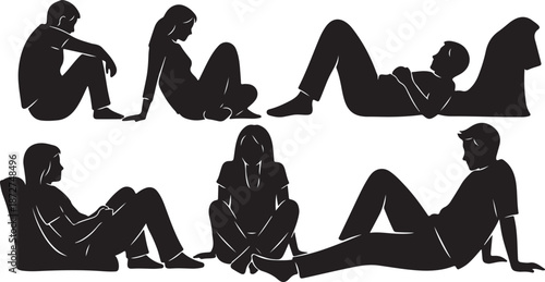 Silhouettes of people in various sitting and lying positions
