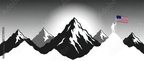Mountain Peak with American Flag and Rising Sun Illustration