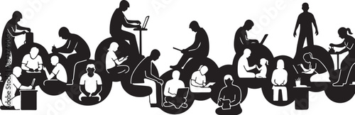 Silhouette of people riding bicycles in various poses together