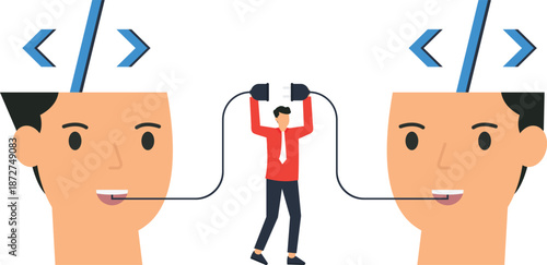 Conceptual connection data exchange knowledge sharing programming minds coding symbols technical communication business teamwork digital development technology transfer information flow human heads