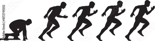 Man sprinting in motion from starting line in silhouette sequence