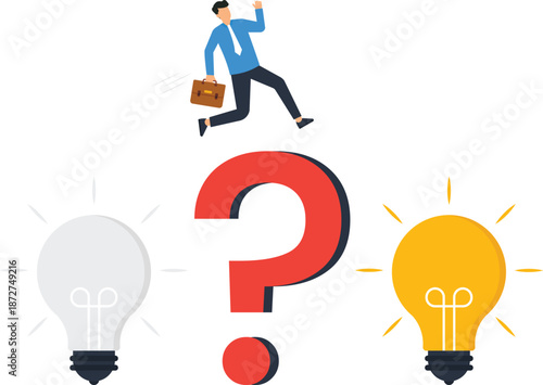 Businessman jumping question mark finding solution business challenge creative thinking lightbulb moment successful innovation overcoming obstacle decision making flat design concept