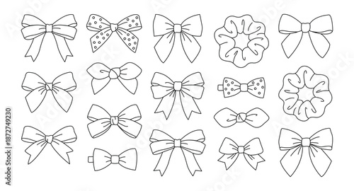 Minimalist hair accessories line art set. Black outline bows, ties and barrettes icons