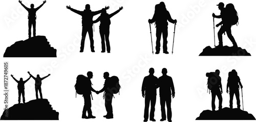 Silhouette hikers with backpacks and trekking poles celebrating teamwork, adventure, and outdoor exploration on rocky mountain terrain at sunrise