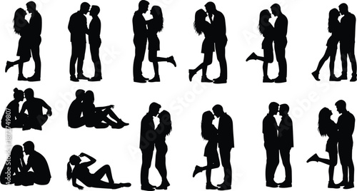 Black silhouettes of romantic couples in affectionate poses embracing, kissing, sitting, and standing together, symbolizing love, intimacy, and relationships
