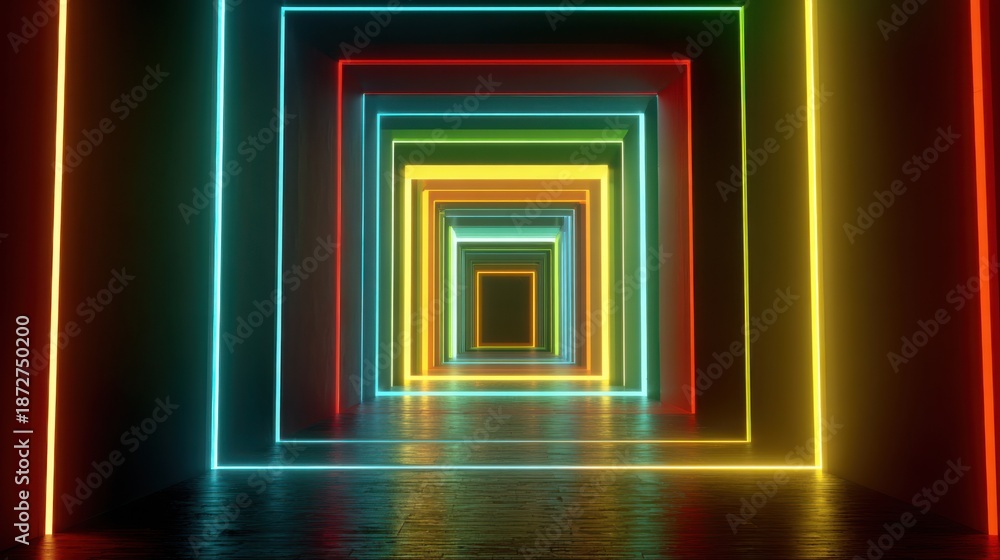 Fototapeta premium Infinite geometric tunnel of vibrant neon squares in red blue green and yellow abstract portal