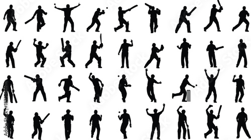 Black silhouettes of cricket players in diverse action poses including batting, bowling, fielding, and celebrating, showcasing dynamic sports motion
