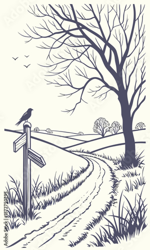 Winter Landscape with Bird on Signpost and Bare Tree.