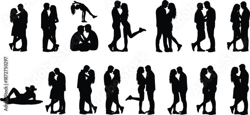 Black silhouettes of romantic couples in diverse affectionate poses including kissing, hugging, sitting, standing, and lying together symbolizing love