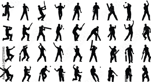Black silhouettes of cricket players in multiple action poses including batting, bowling, fielding, catching, and celebrating dynamic sports performance