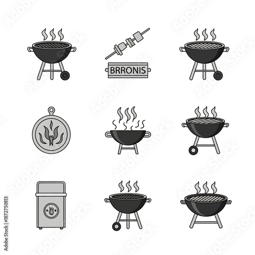 Barbecue Grill Icons Collection: Cooking, Grilling, Summer Food, Outdoor Party