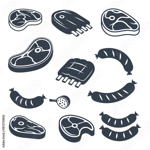 Assorted Meat Cuts and Sausages Icons: Steaks, Ribs, and Sausages Collection