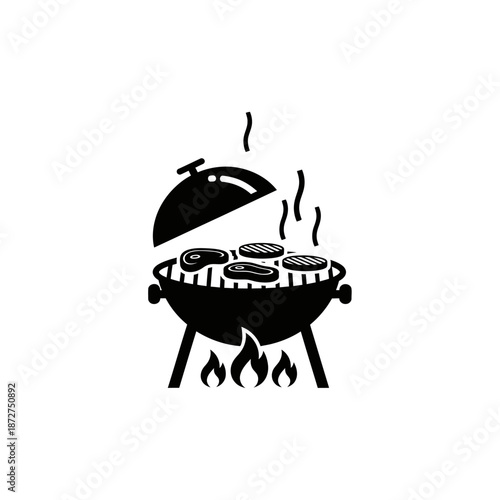 Barbecue Grill Cooking Steaks with Fire and Smoke Icon