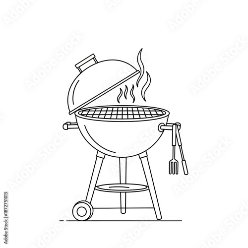 Line Art Barbecue Grill with Smoke and Utensils