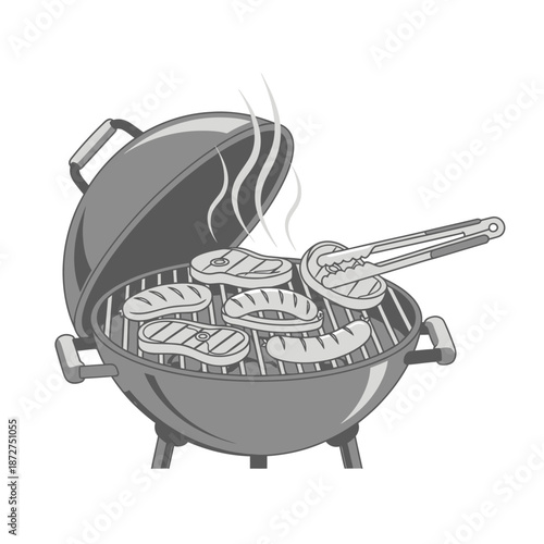 Grilling Steaks and Sausages on a Barbecue Grill with Steam