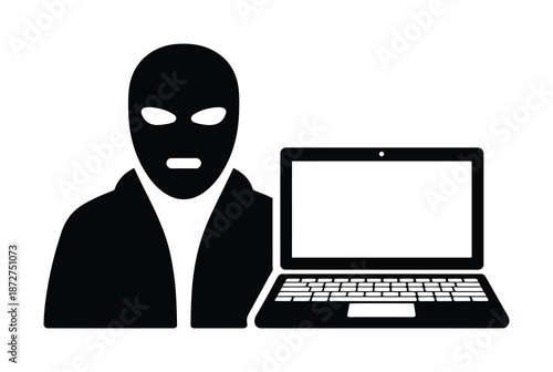 Vector illustration of masked individual standing near a laptop