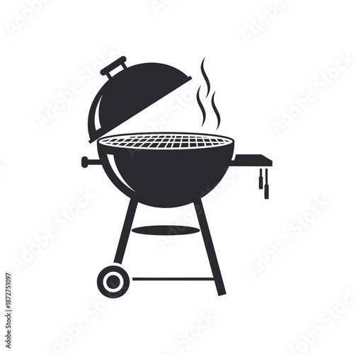Black barbecue grill icon with smoke rising, isolated on white.