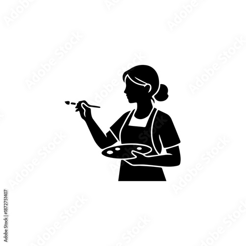 Female artist silhouette with palette and paintbrush. Minimalist flat design vector illustration. Painter icon isolated on white background. Creative profession and hobby concept